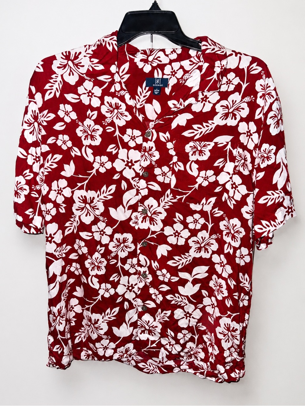 George Men’s Hawaiian Shirt L NWT Red White Hibiscus Floral Rayon Aloha Camp Top - Picture 3 of 11